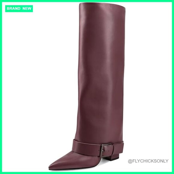 Knee High Boots Fold Over Chunky Heel Wide Calf Pointed Toe Belt Buckle